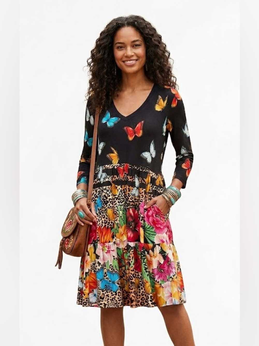 Johnny Was Butterfly Floral Leopard Animal Print Bamboo Jersey Tiered Dress S